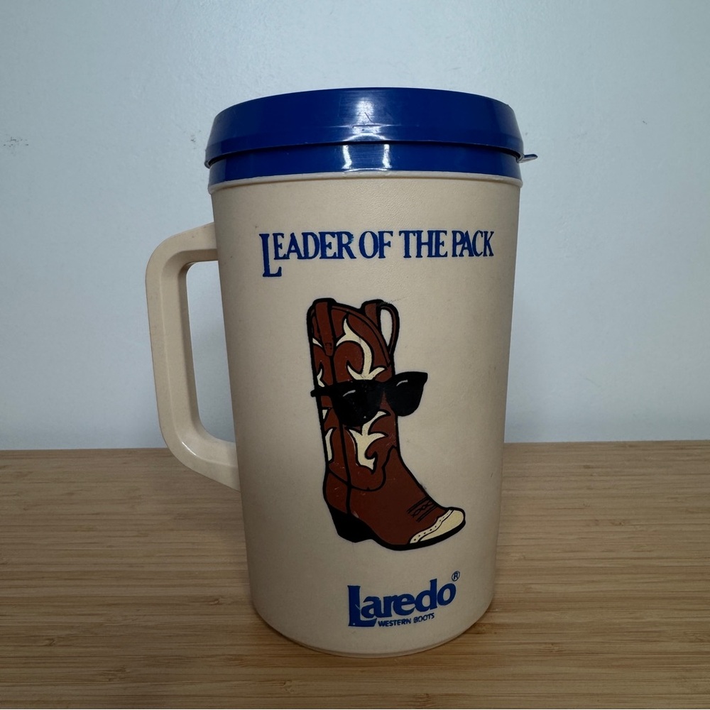 Vintage Aladdin Travel Mug with Laredo Cowboy Boot, Blue Lid, Made in USA